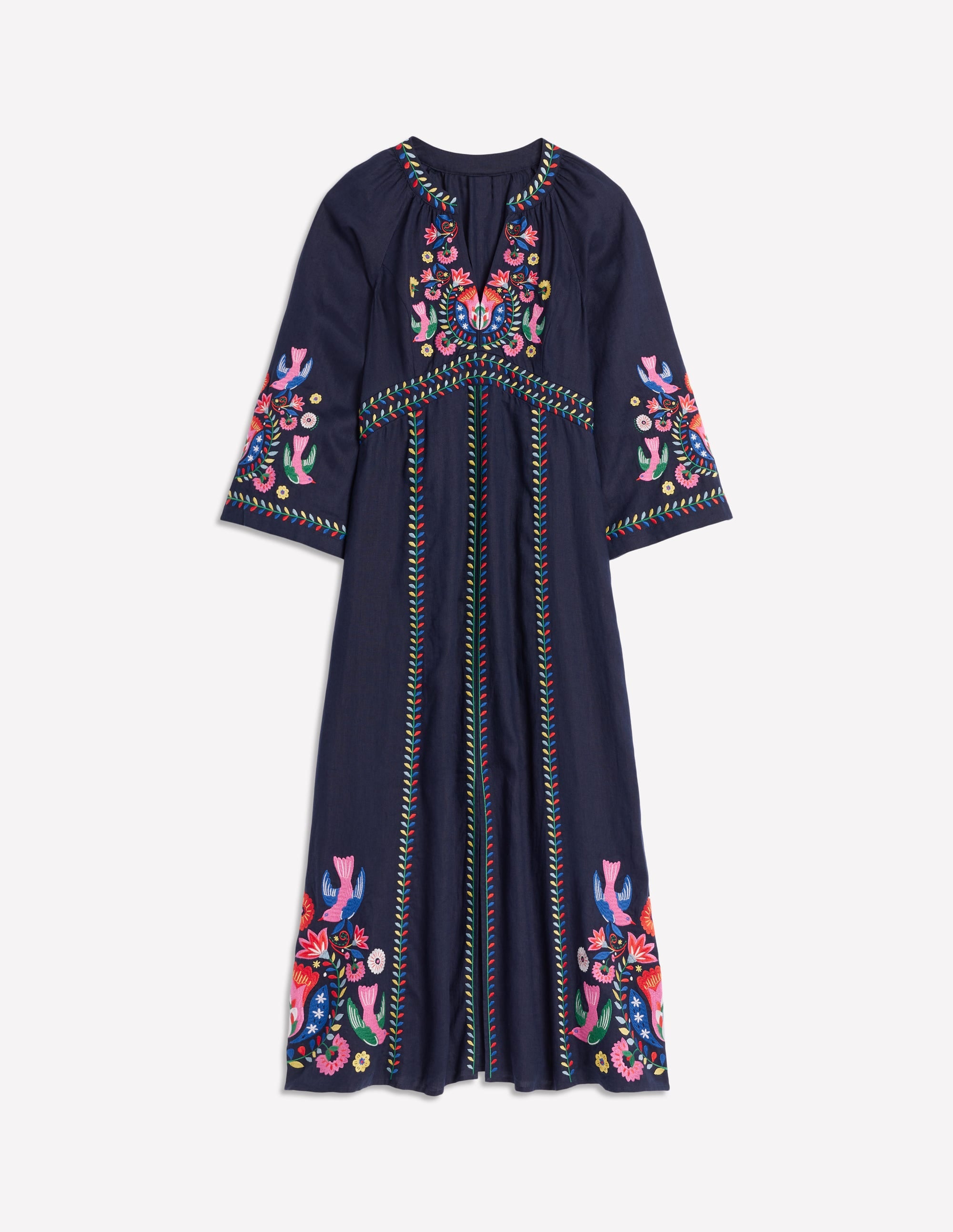 Una Linen Midi Dress-Navy, Multi Embroidery - Image 7