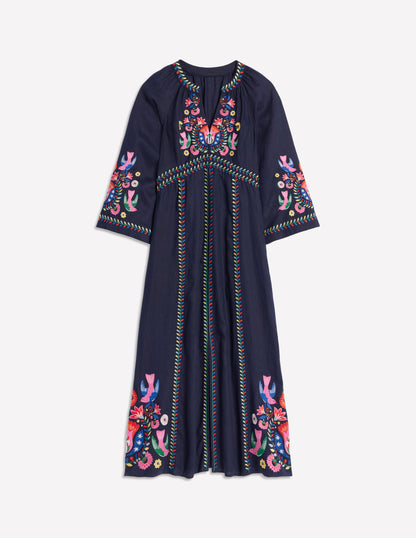 Una Linen Embroidered Dress-Navy, Multi Embroidery