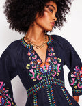 Una Linen Midi Dress-Navy, Multi Embroidery