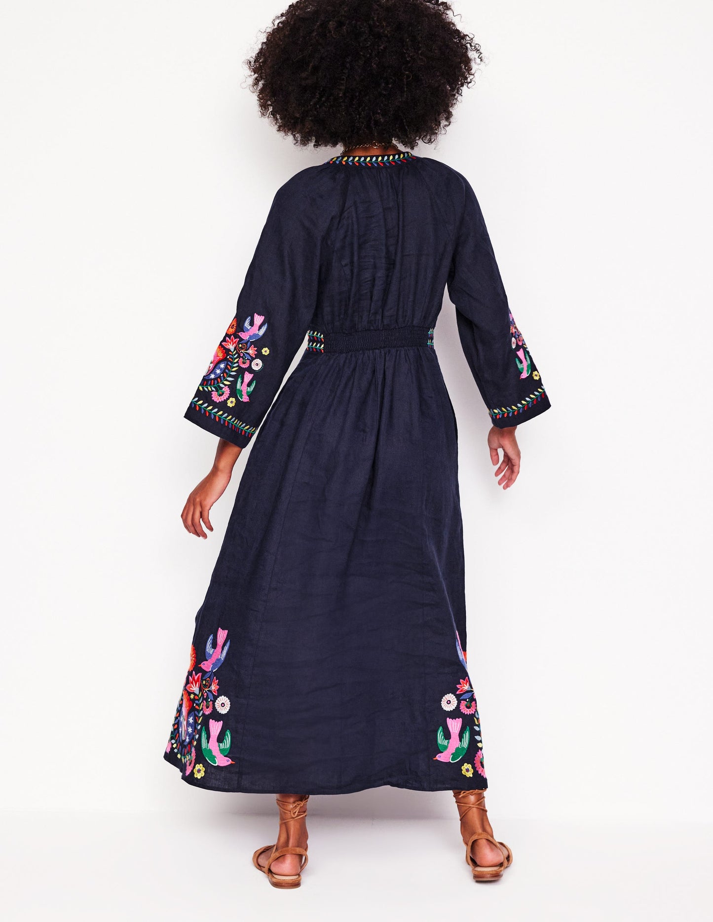 Una Linen Embroidered Dress-Navy, Multi Embroidery