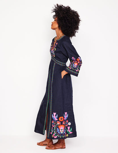 Una Linen Embroidered Dress-Navy, Multi Embroidery