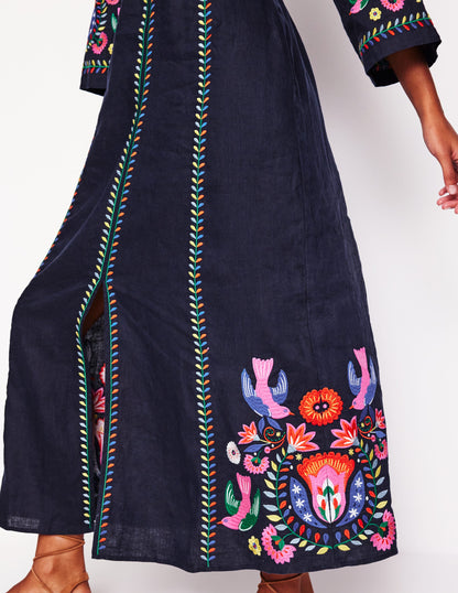 Una Linen Embroidered Dress-Navy, Multi Embroidery