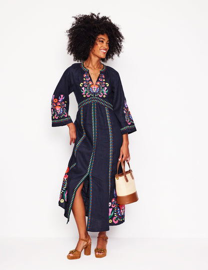 Una Linen Embroidered Dress-Navy, Multi Embroidery