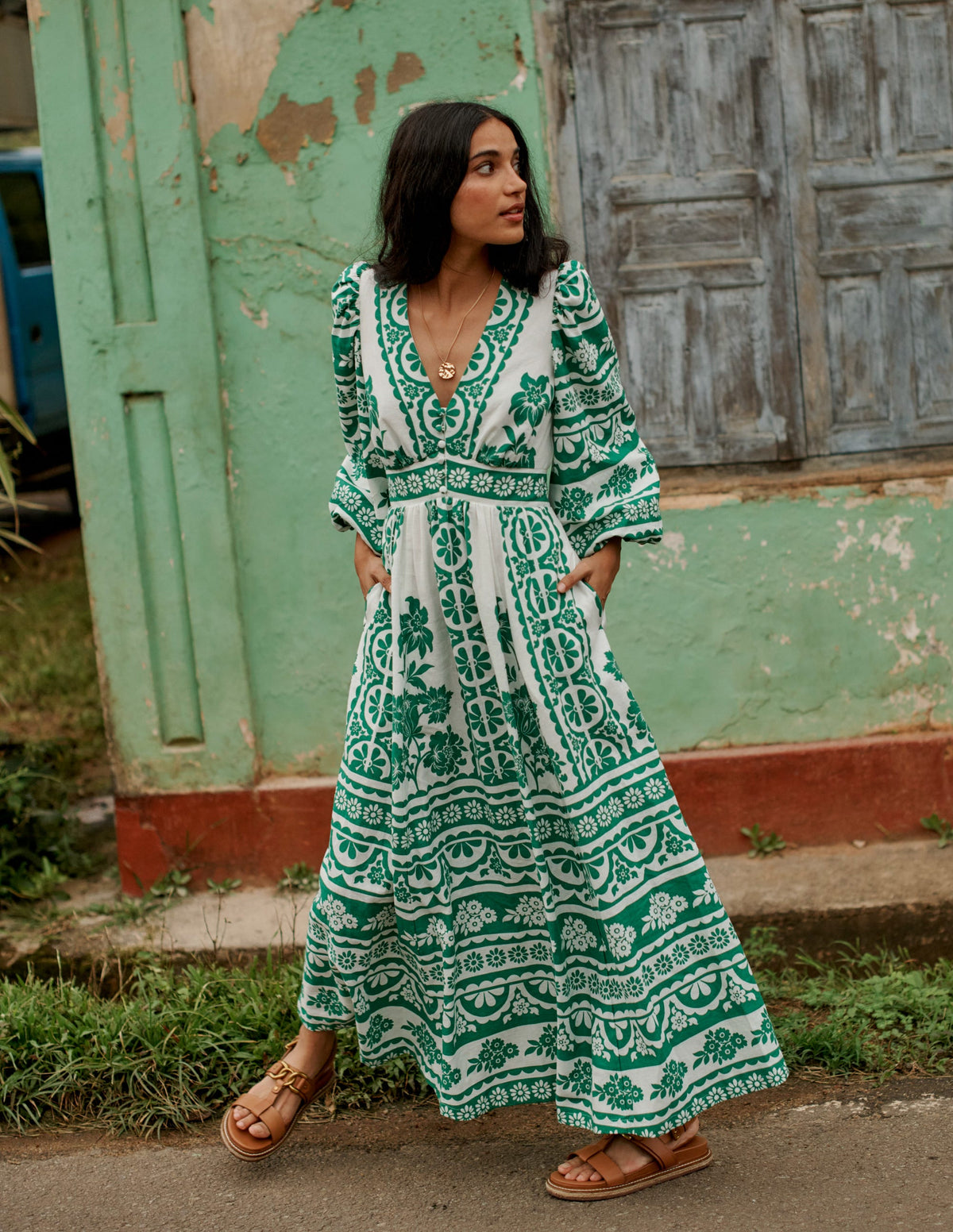 Lola Blouson Maxi Dress-Rich Emerald, Ornate Tropics - Image 5