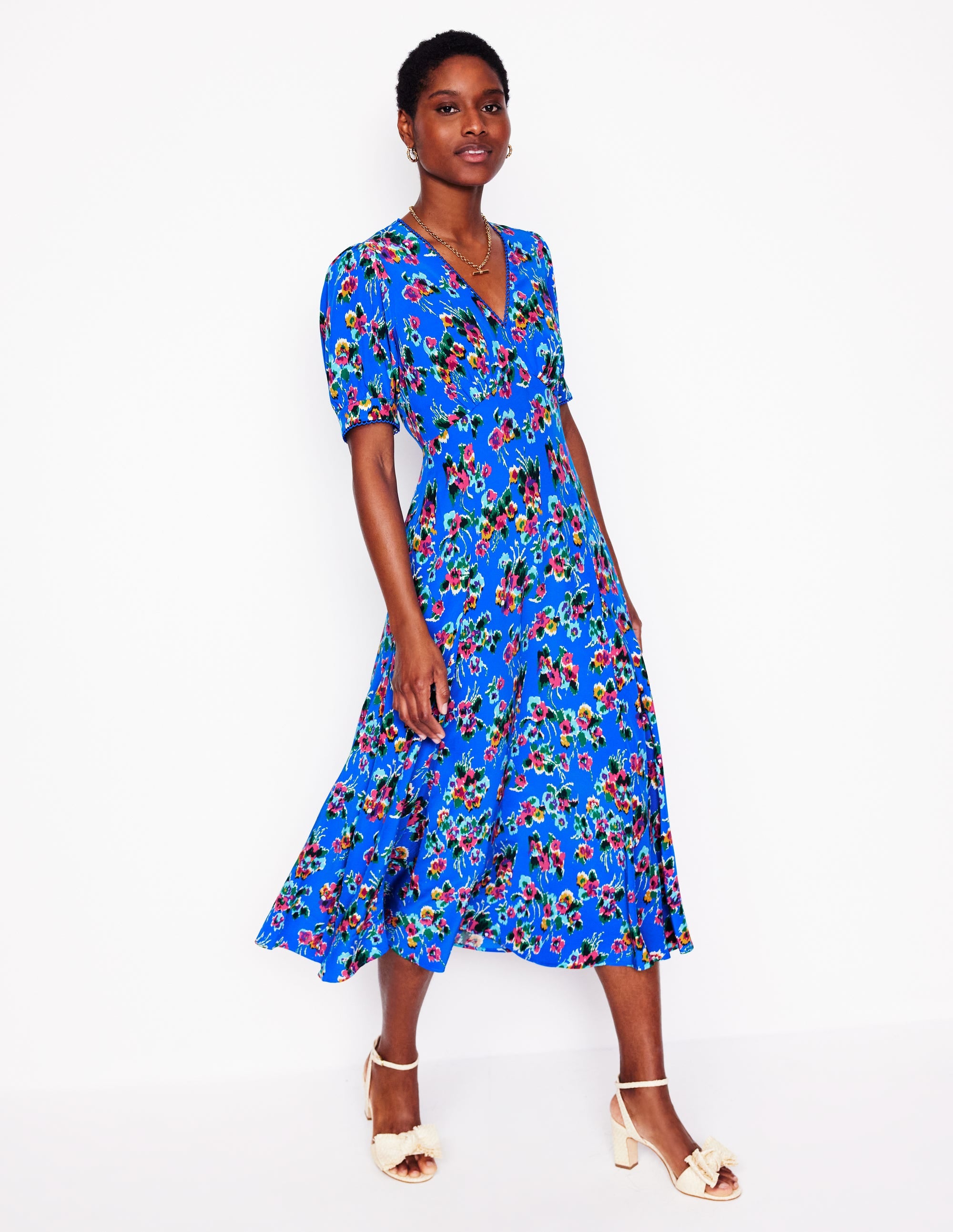Rosie Godet Tea Dress-Gallery Blue, Abstract Posy - Image 1
