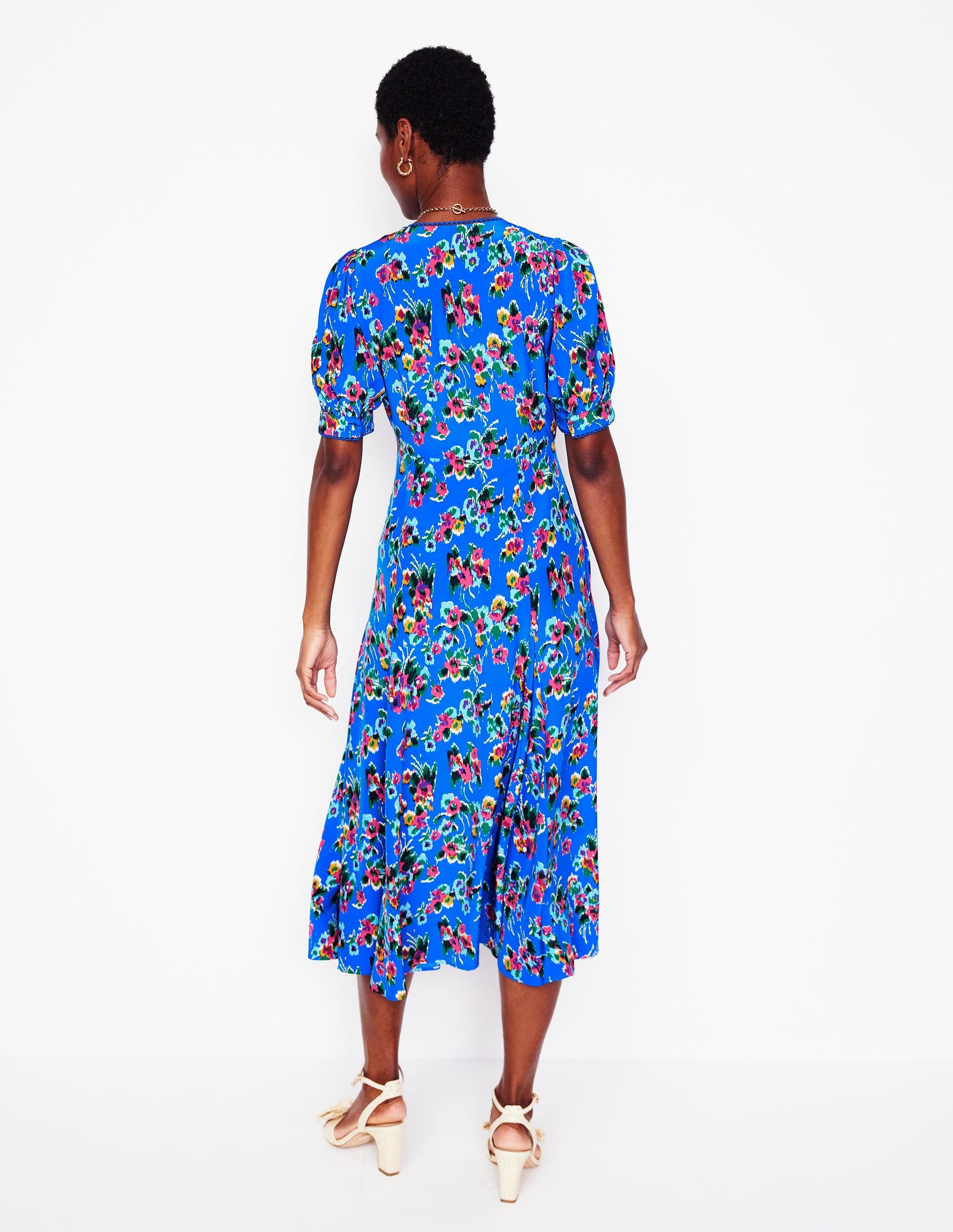 Rosie Godet Tea Dress-Gallery Blue, Abstract Posy - Image 3