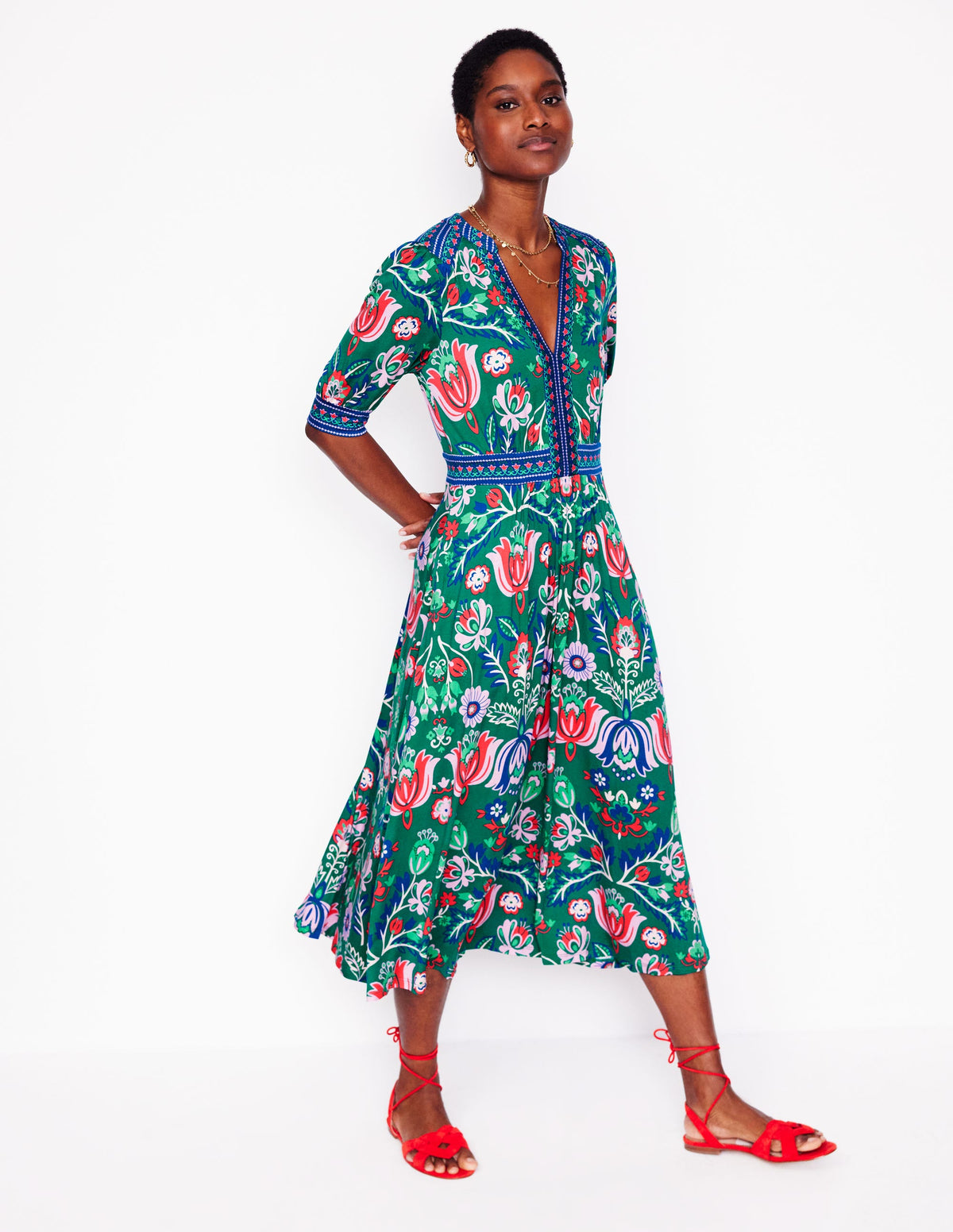 Lily Jersey Midi Tea Dress-Forest Grass, Tulip Fusion - Image 1