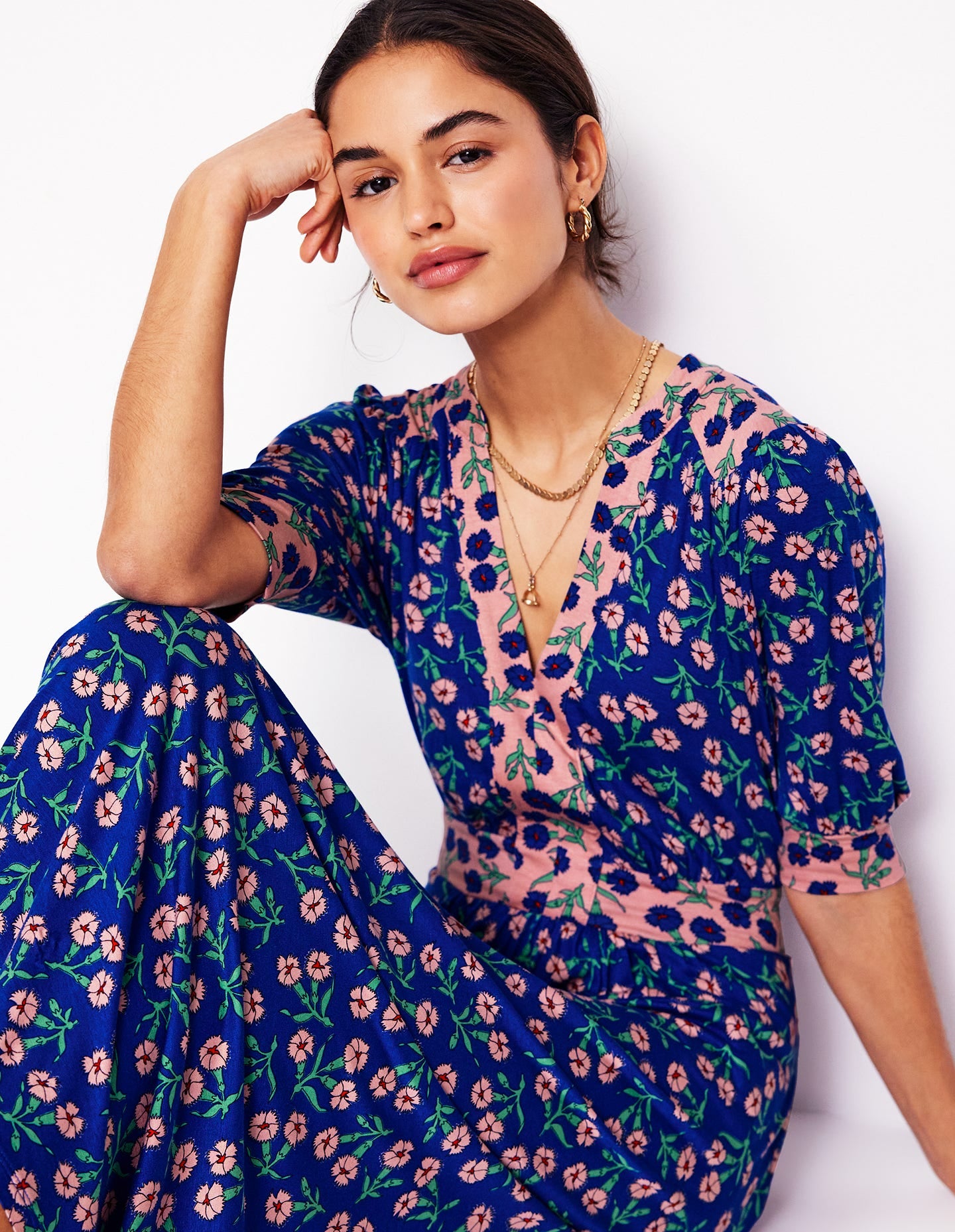 Lily Jersey Midi Tea Dress-Bright Blue, Carnation Sprig