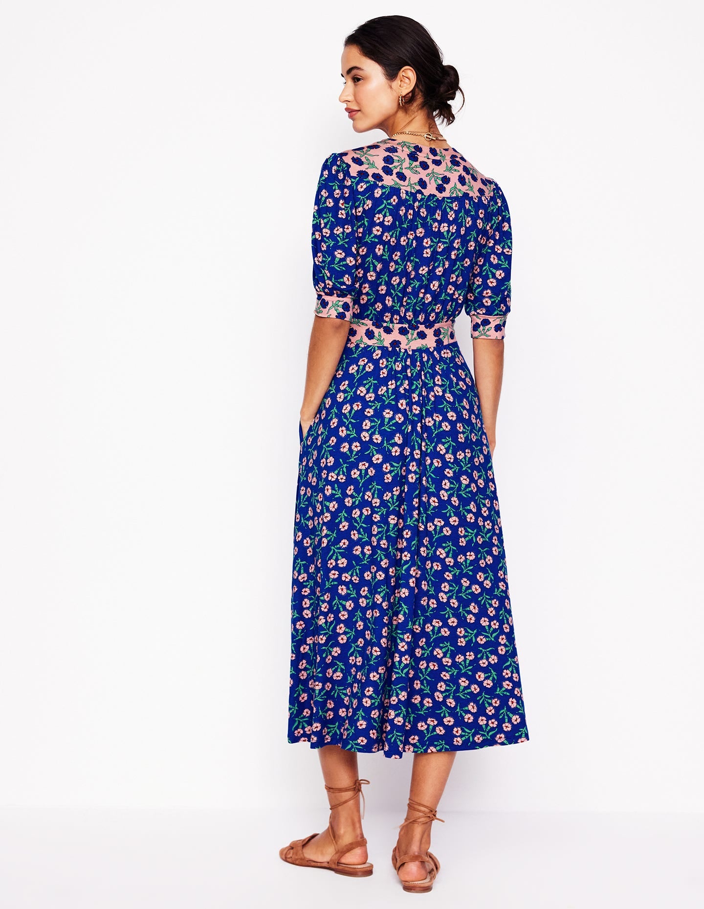 Lily Jersey Midi Tea Dress-Bright Blue, Carnation Sprig