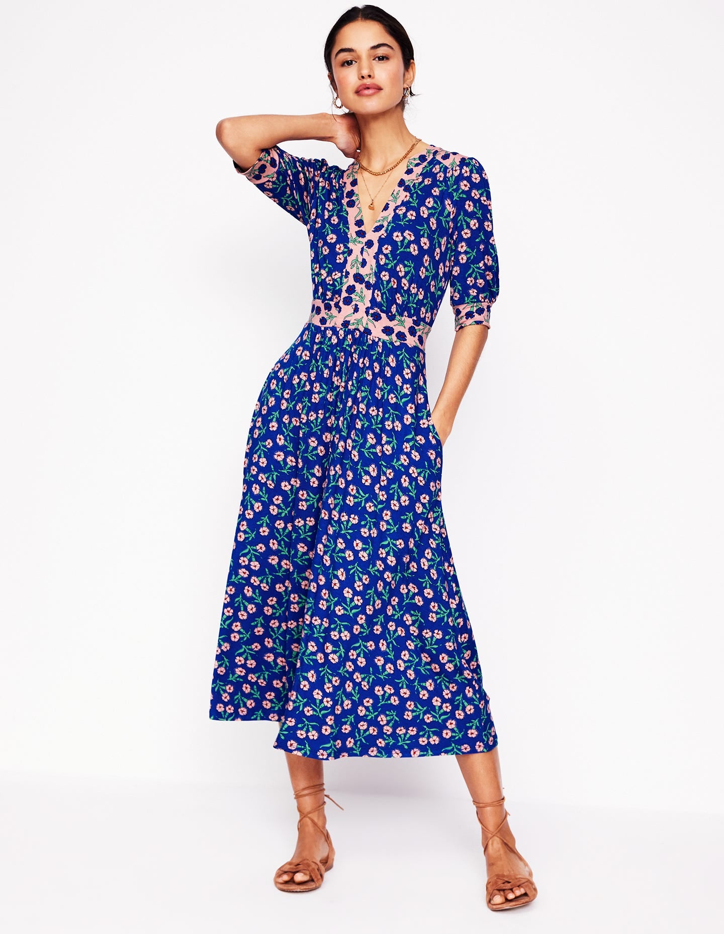 Lily Jersey Midi Tea Dress-Bright Blue, Carnation Sprig