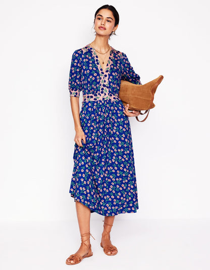 Lily Jersey Midi Tea Dress-Bright Blue, Carnation Sprig