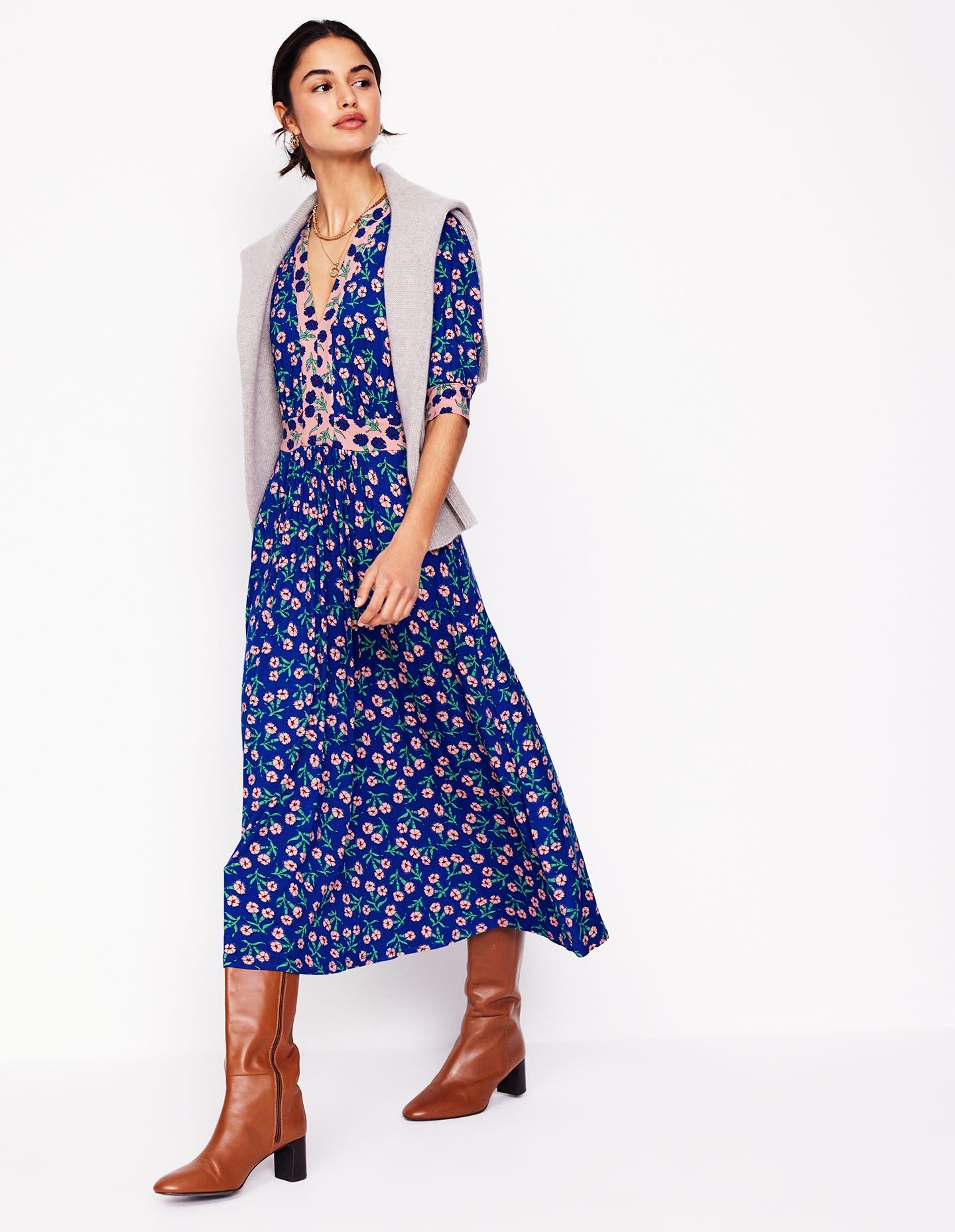 Lily Jersey Midi Tea Dress-Bright Blue, Carnation Sprig