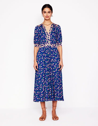 Lily Jersey Midi Tea Dress-Bright Blue, Carnation Sprig