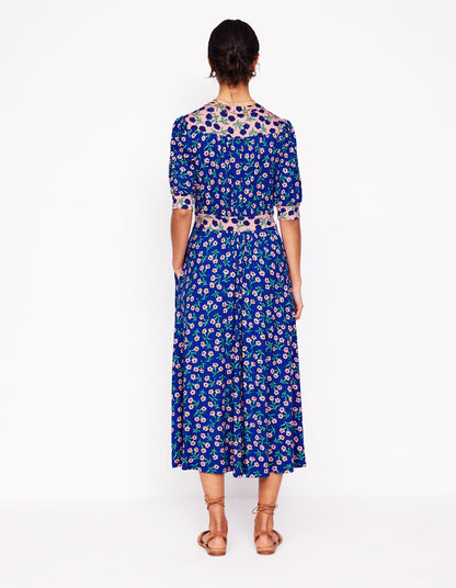 Lily Jersey Midi Tea Dress-Bright Blue, Carnation Sprig