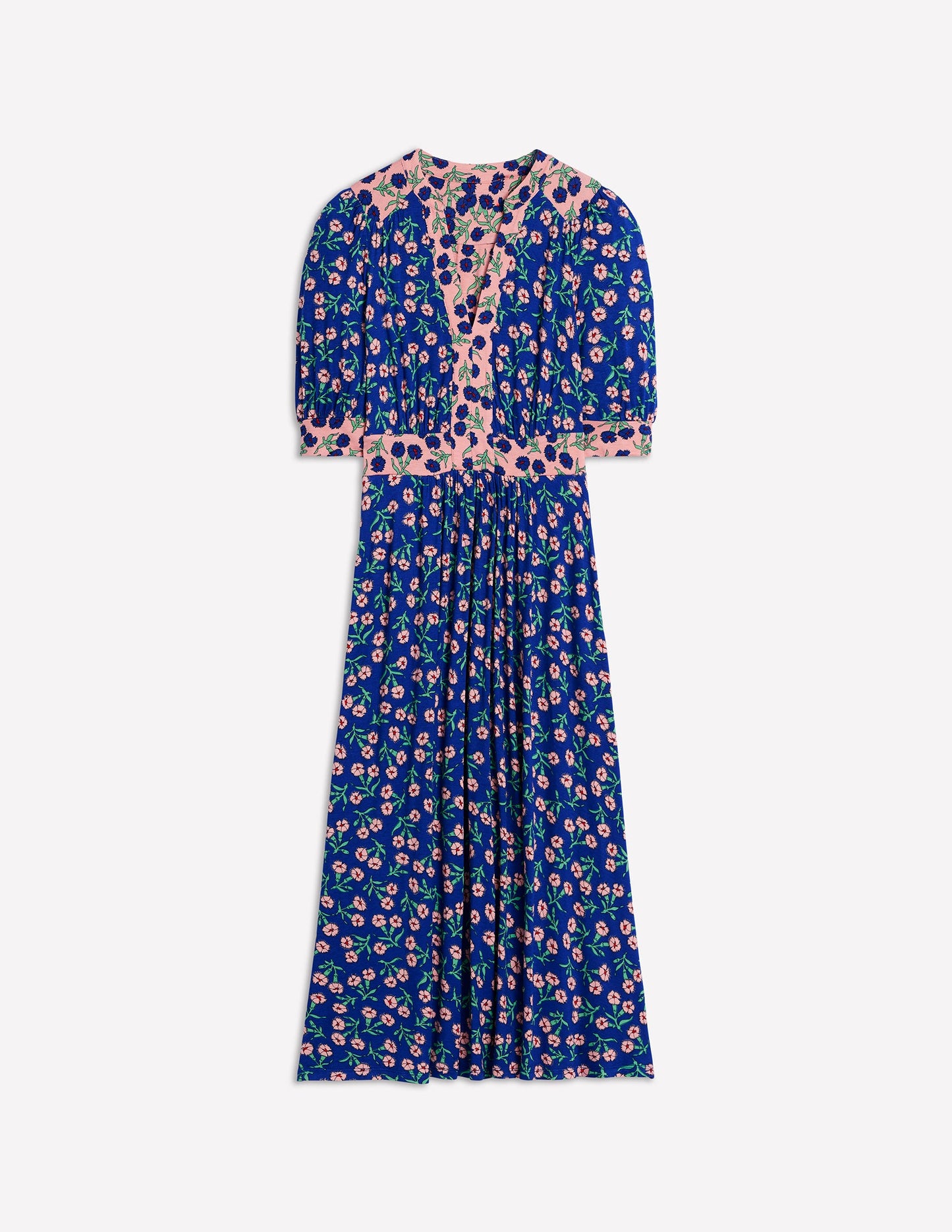 Lily Jersey Midi Tea Dress-Bright Blue, Carnation Sprig