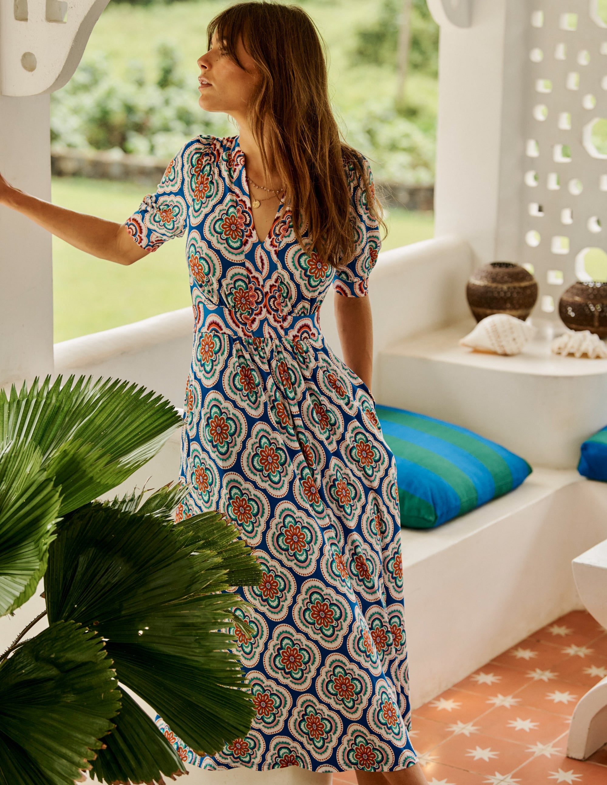 Lily Jersey Midi Tea Dress-Bright Blue, Botanic Blush - Image 5
