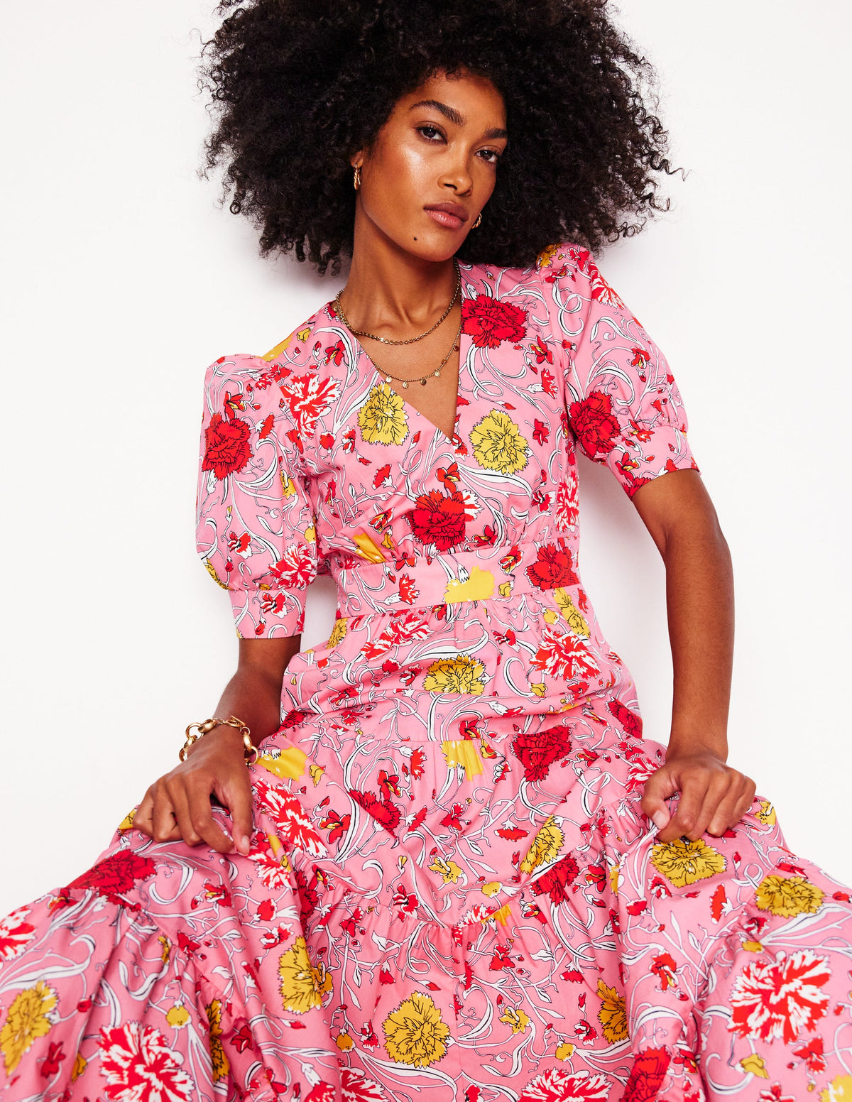 Bella Puff Sleeve Maxi Dress-Salmon Pink, Carnation Vine - Image 1