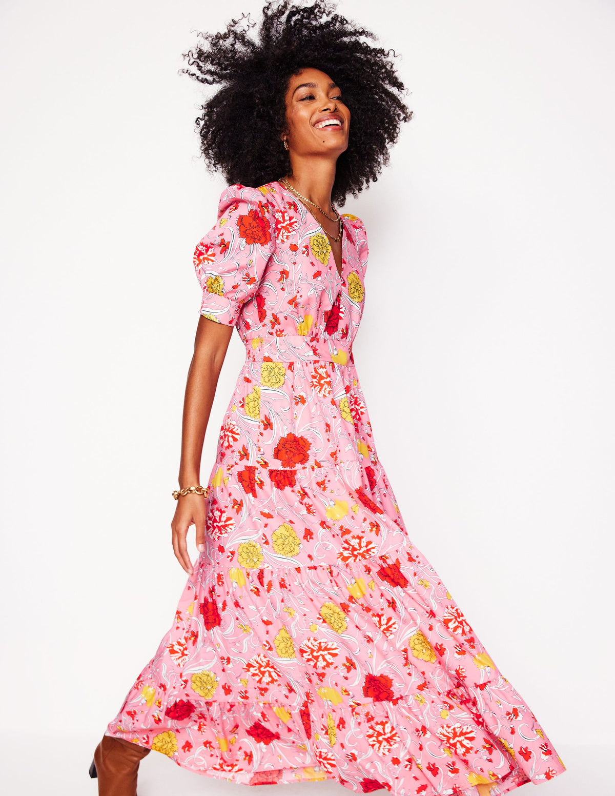 Bella Puff Sleeve Maxi Dress-Salmon Pink, Carnation Vine - Image 4