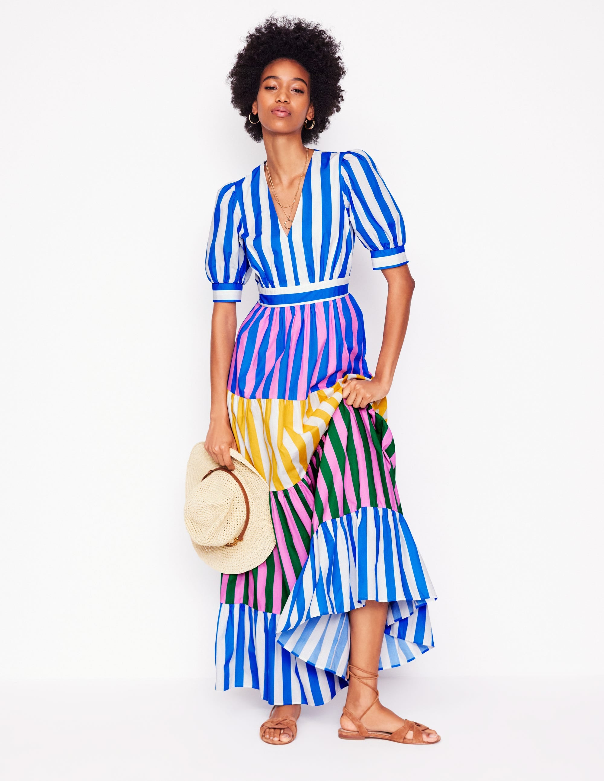 Bella Puff Sleeve Maxi Dress-Kingfisher Blue Stripe - Image 1