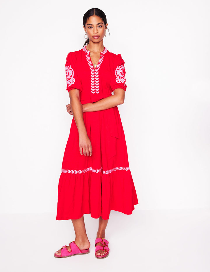 Amara Embroidered Jersey Dress-Poppy Red, Pink Peony
