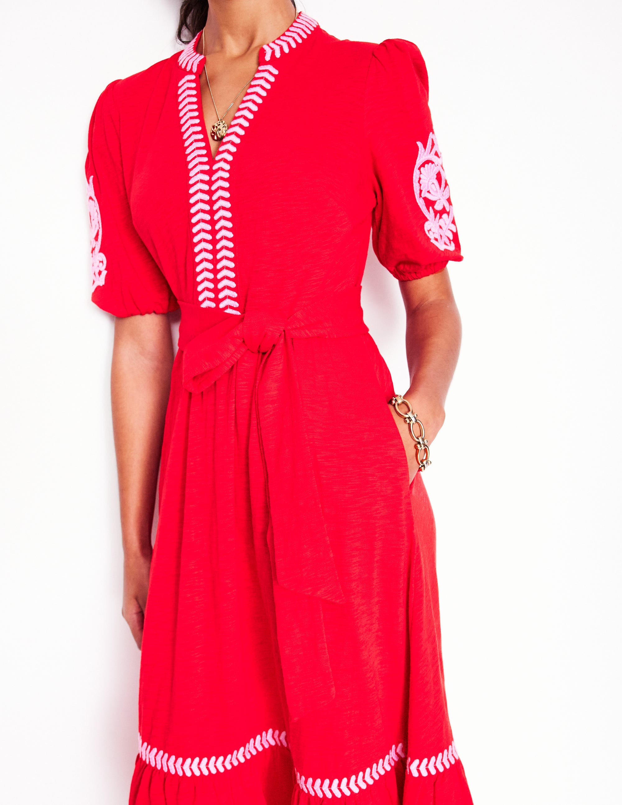 Amara Embroidered Jersey Dress-Poppy Red, Pink Peony - Image 3