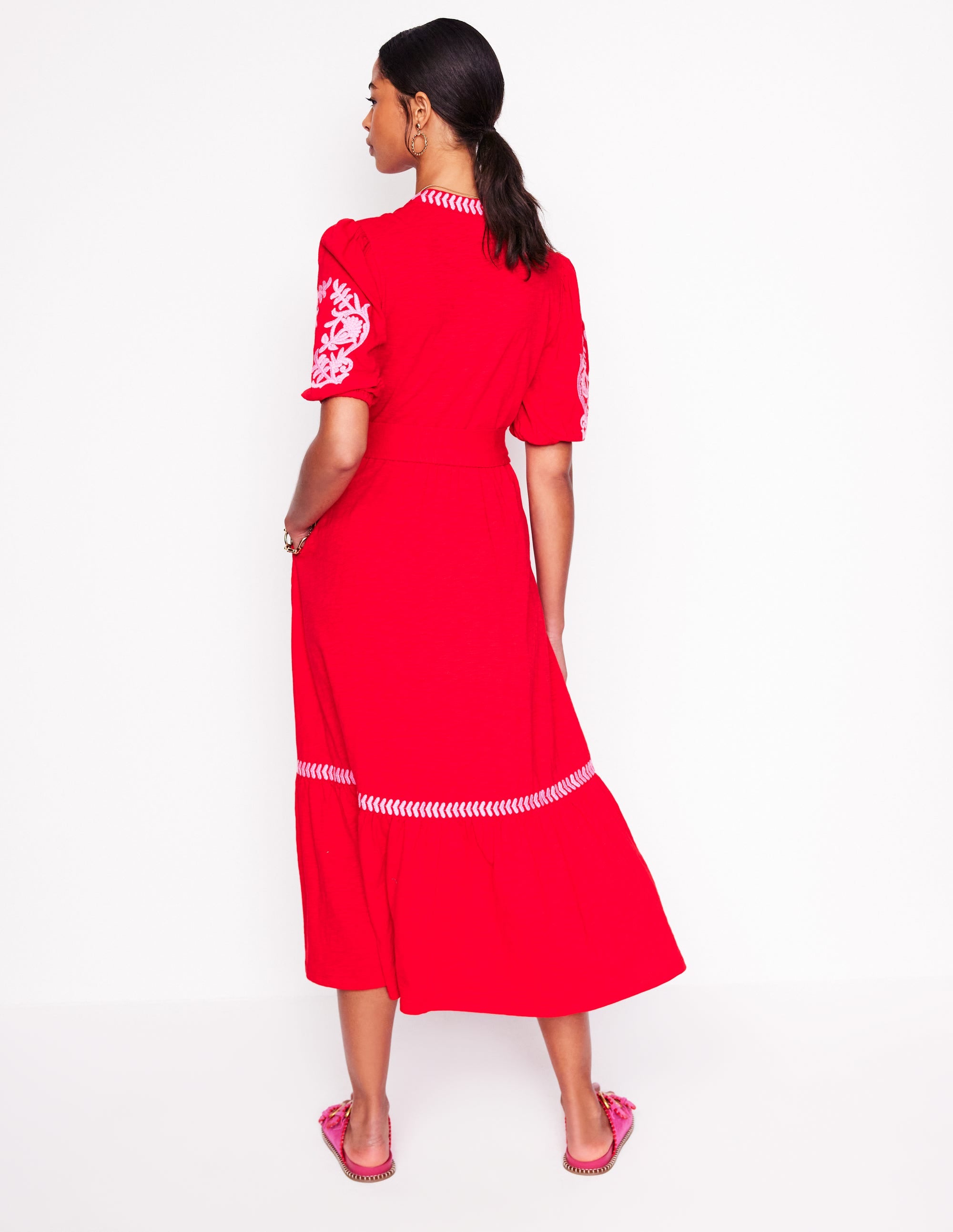 Amara Embroidered Jersey Dress-Poppy Red, Pink Peony - Image 4