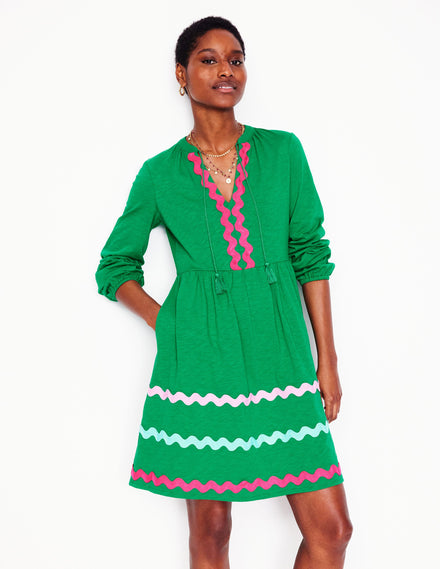 Corinna Ric Rac Jersey Dress-Rich Emerald