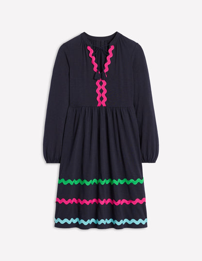 Corinna Ric Rac Jersey Dress-Navy-7