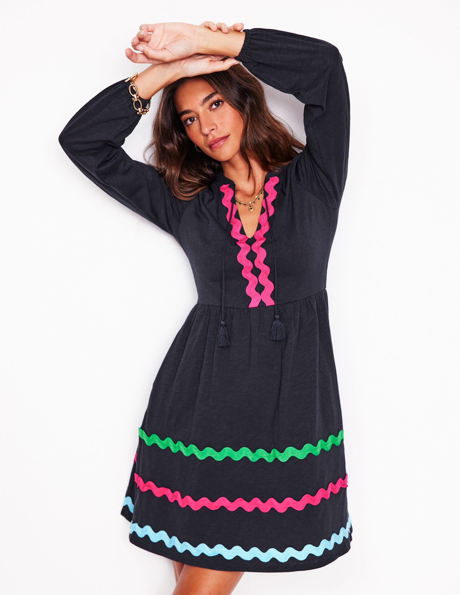 Corinna Ric Rac Jersey Dress-Navy-1