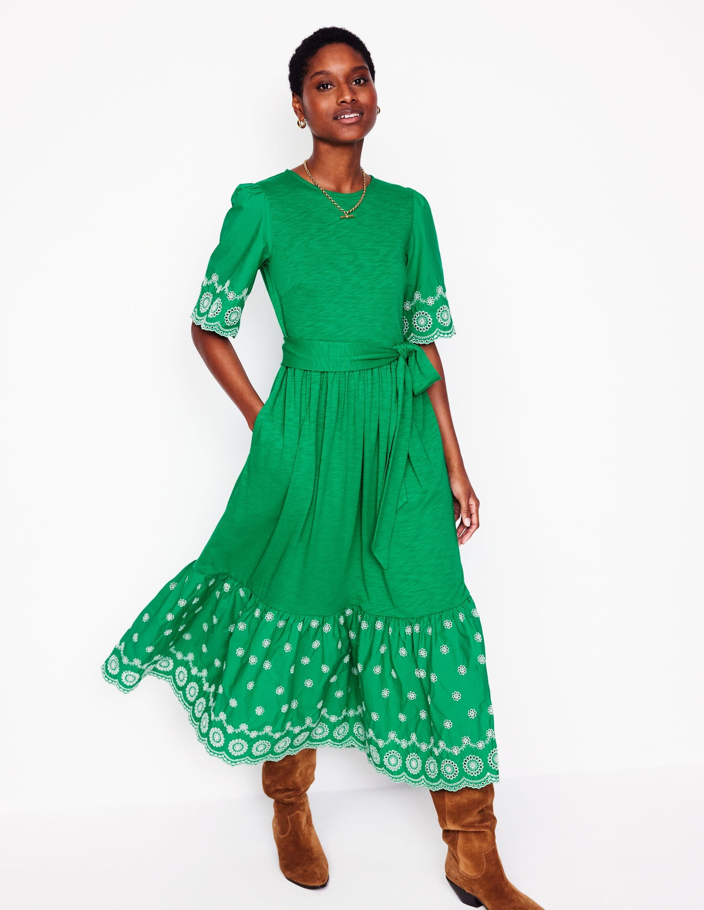 Isabel Broderie Mix maxi Dress-Rich Emerald