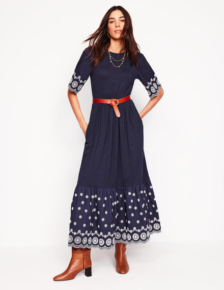 Isabel Broderie Mix maxi Dress-Navy