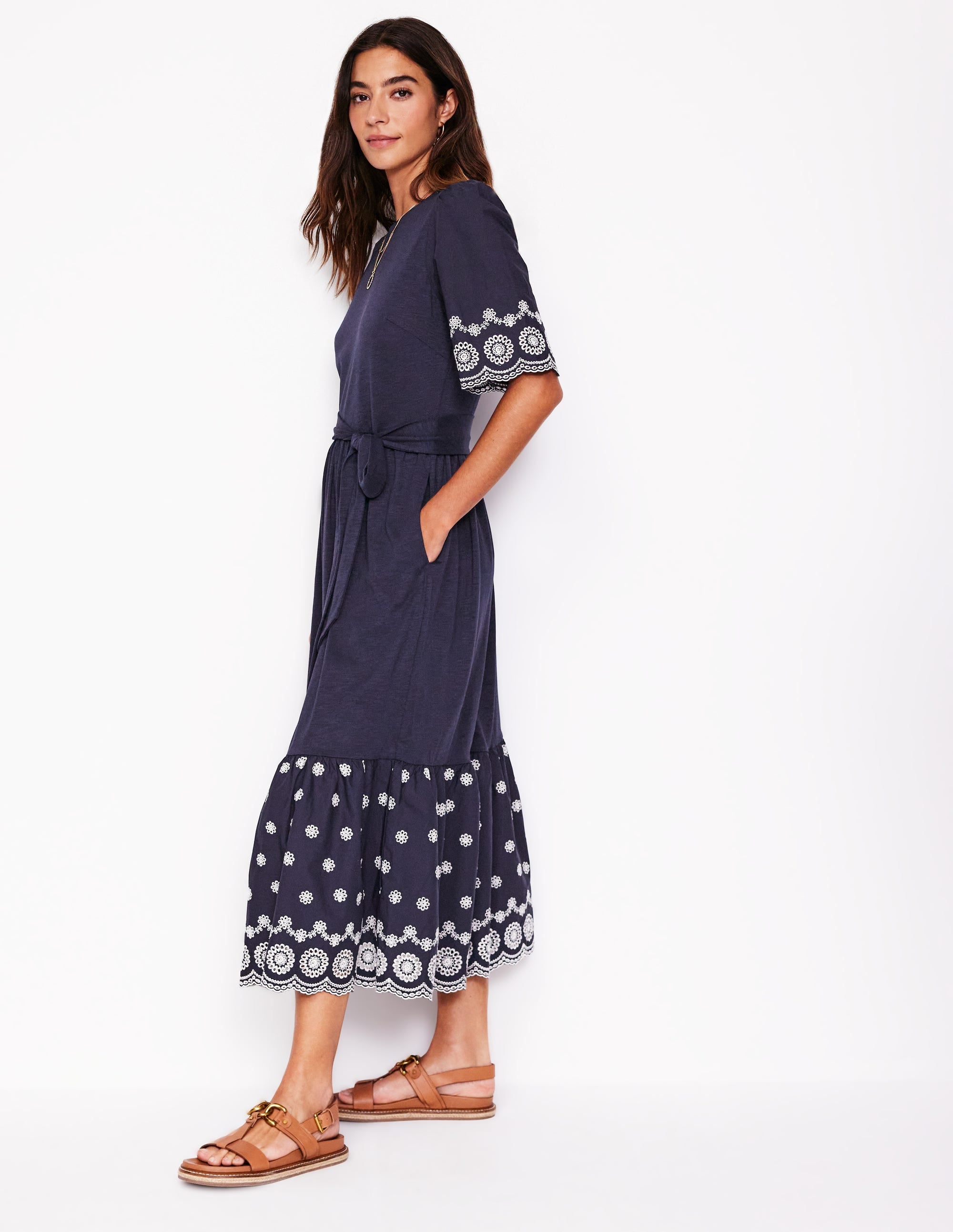 Isabel Broderie Mix maxi Dress-Navy - Image 1