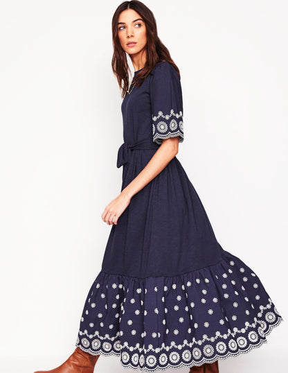 Isabel Broderie Mix maxi Dress-Navy