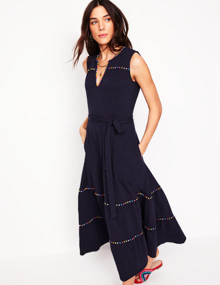 Tara Trim Tiered Jersey Dress-Navy