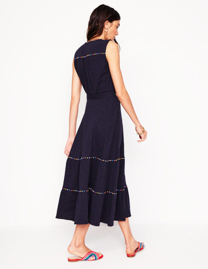 Tara Trim Tiered Jersey Dress-Navy