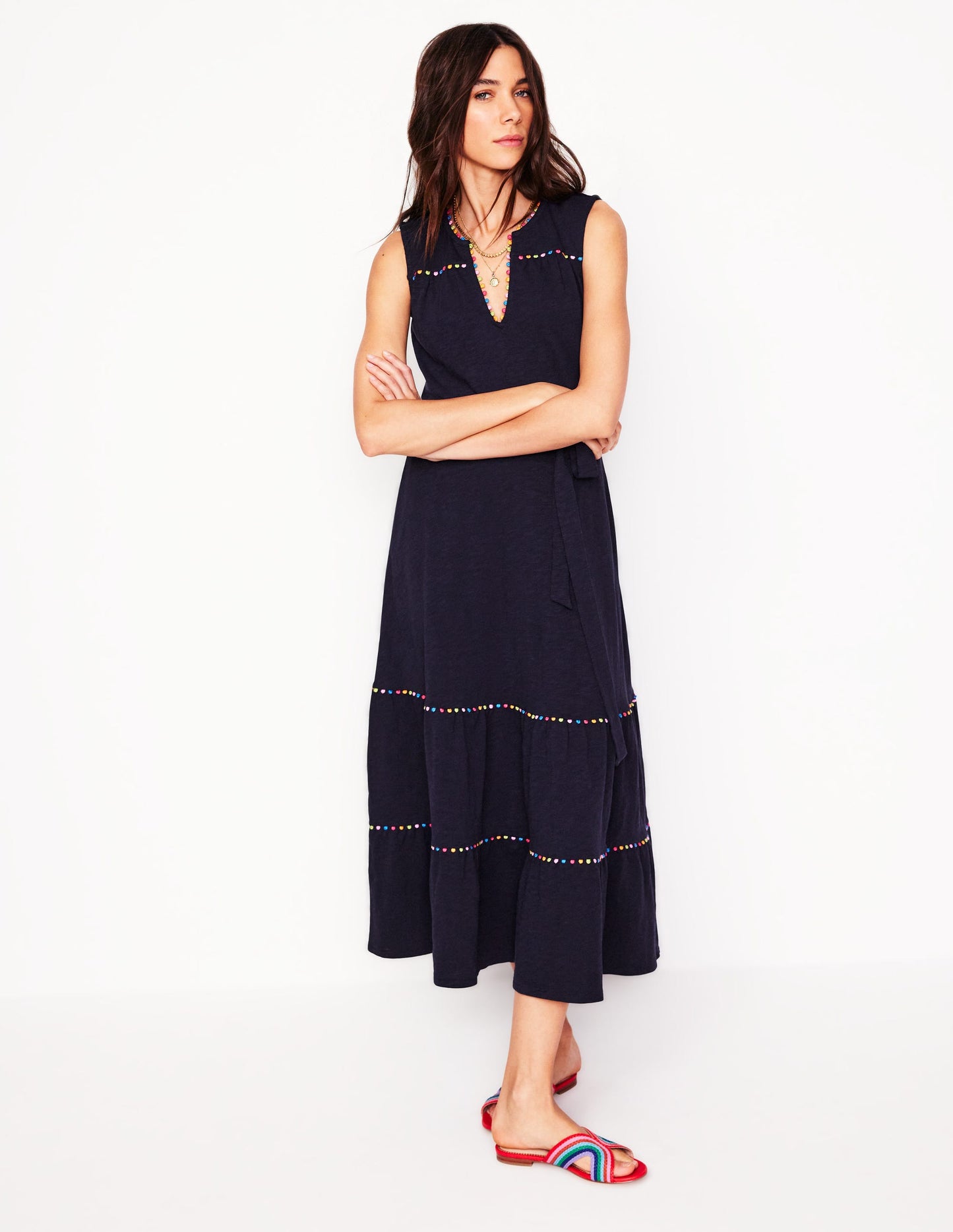 Tara Trim Tiered Jersey Dress-Navy