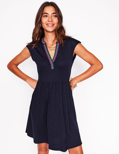 Chloe Embroidered Short Dress-Navy