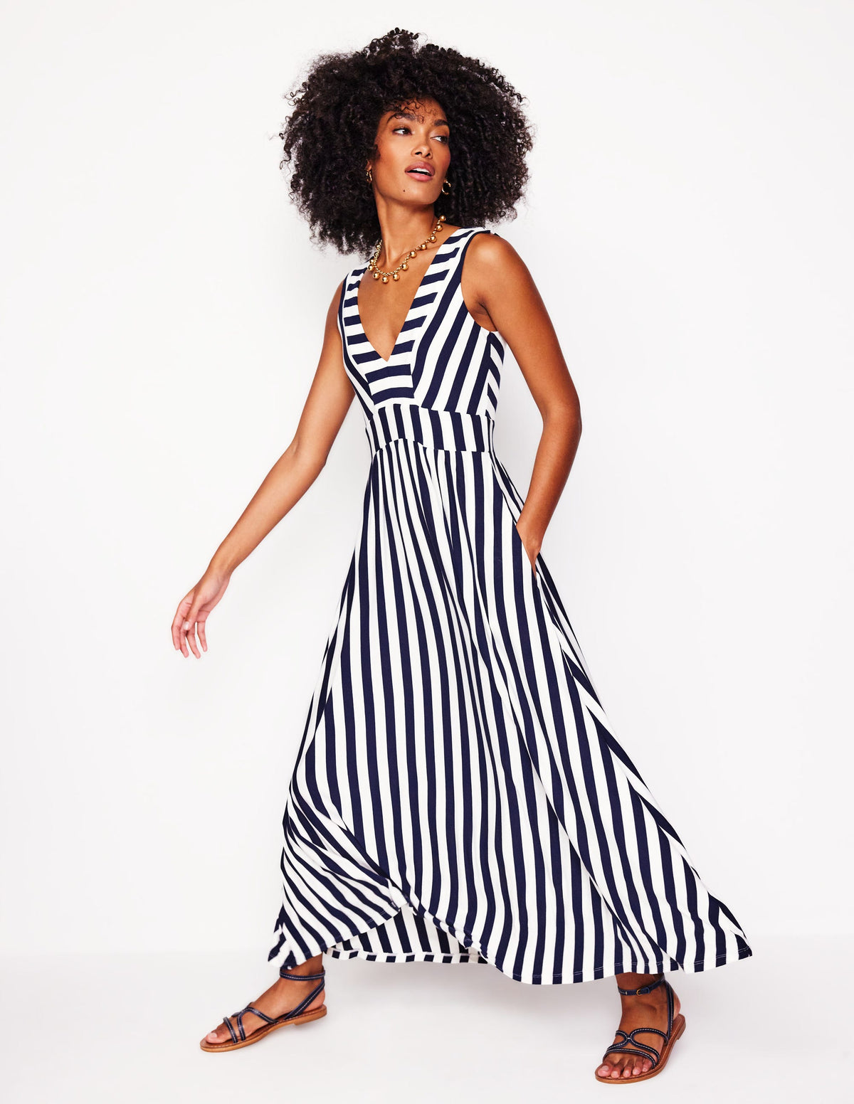 Olympia Jersey Maxi Dress-French Navy, Ivory Stripe - Image 1