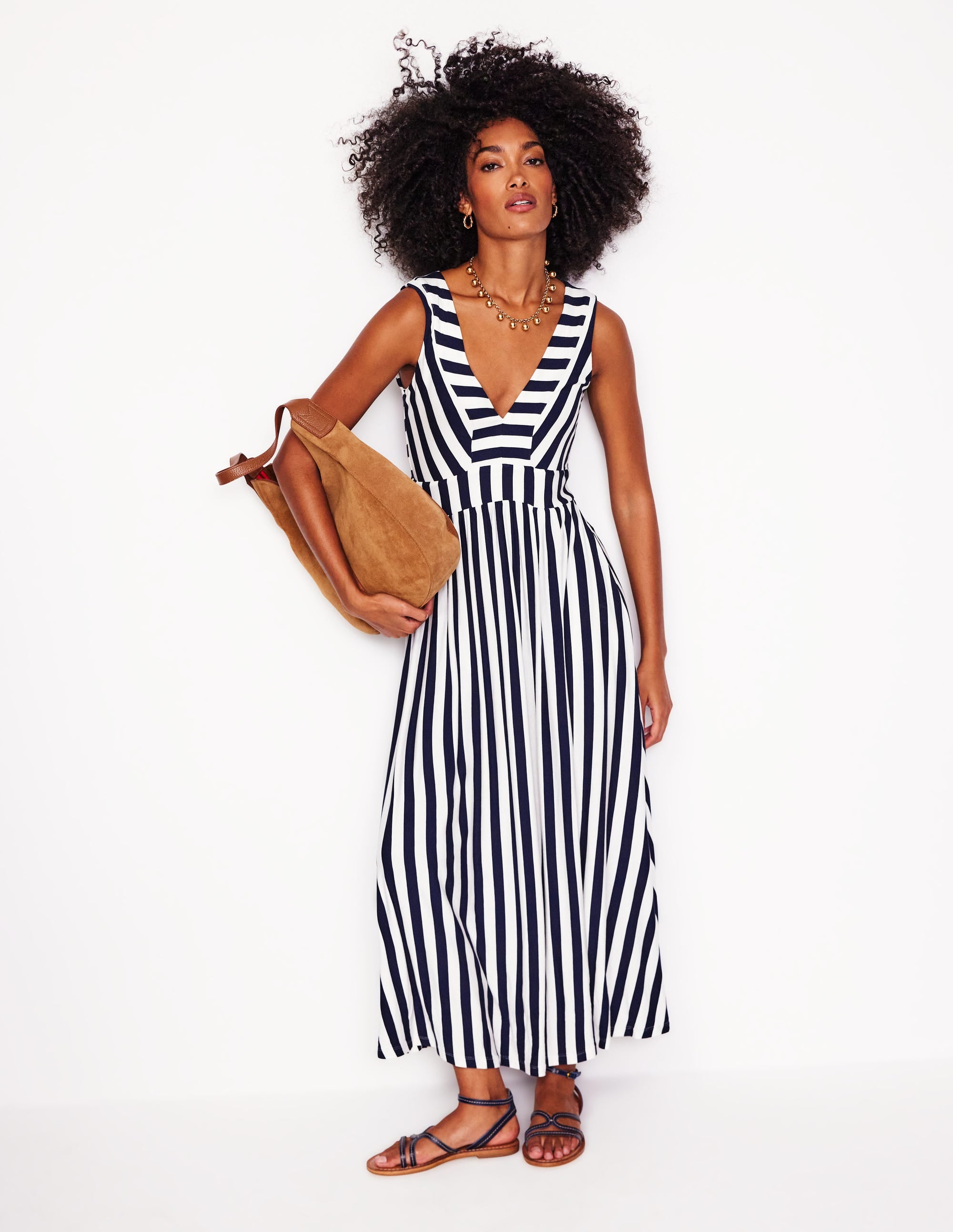 Olympia Jersey Maxi Dress-French Navy, Ivory Stripe - Image 4