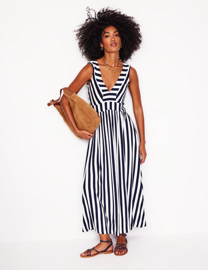 Olympia Jersey Maxi Dress-French Navy, Ivory Stripe