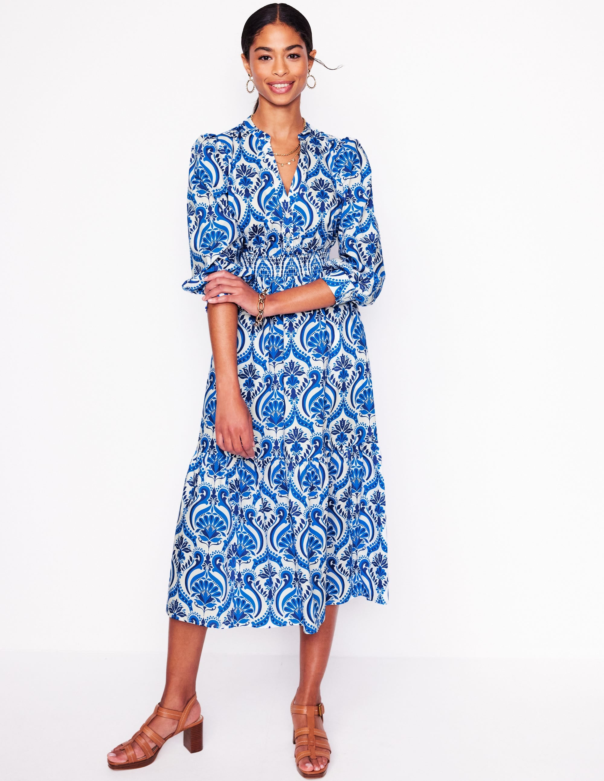 Elena Tiered Cotton Midi Dress-Blue, Ornamental Floral - Image 1