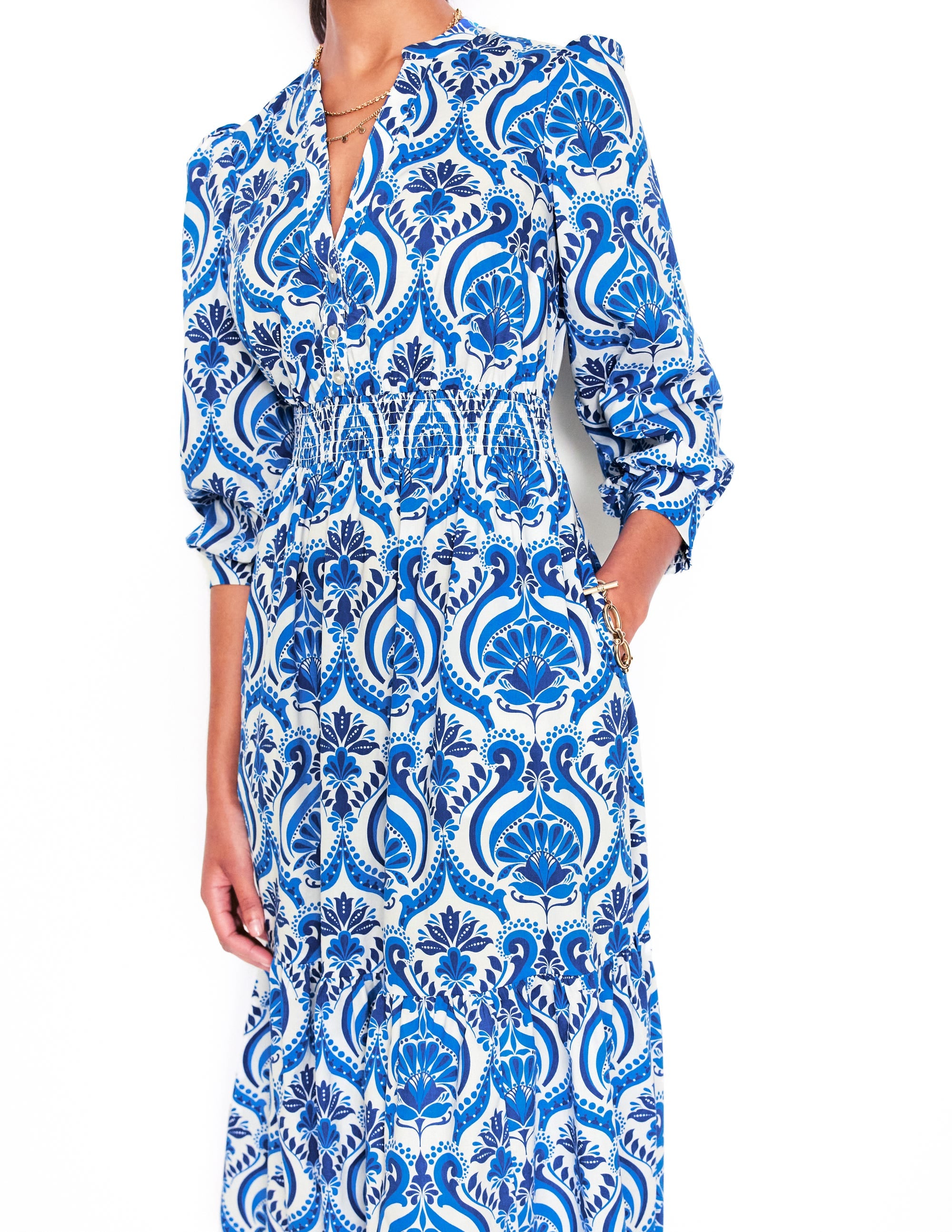 Elena Tiered Cotton Midi Dress-Blue, Ornamental Floral - Image 2