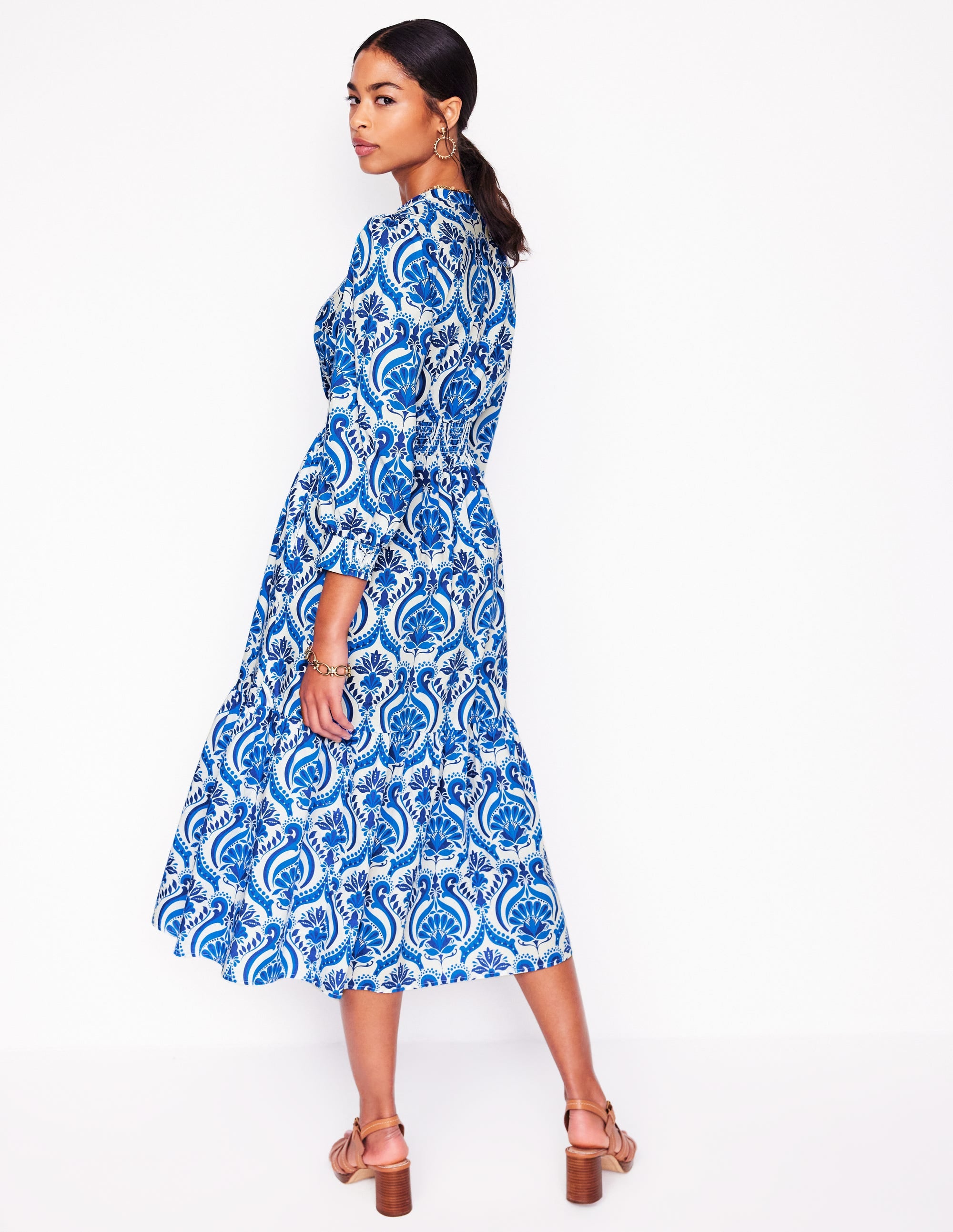 Elena Tiered Cotton Midi Dress-Blue, Ornamental Floral - Image 3