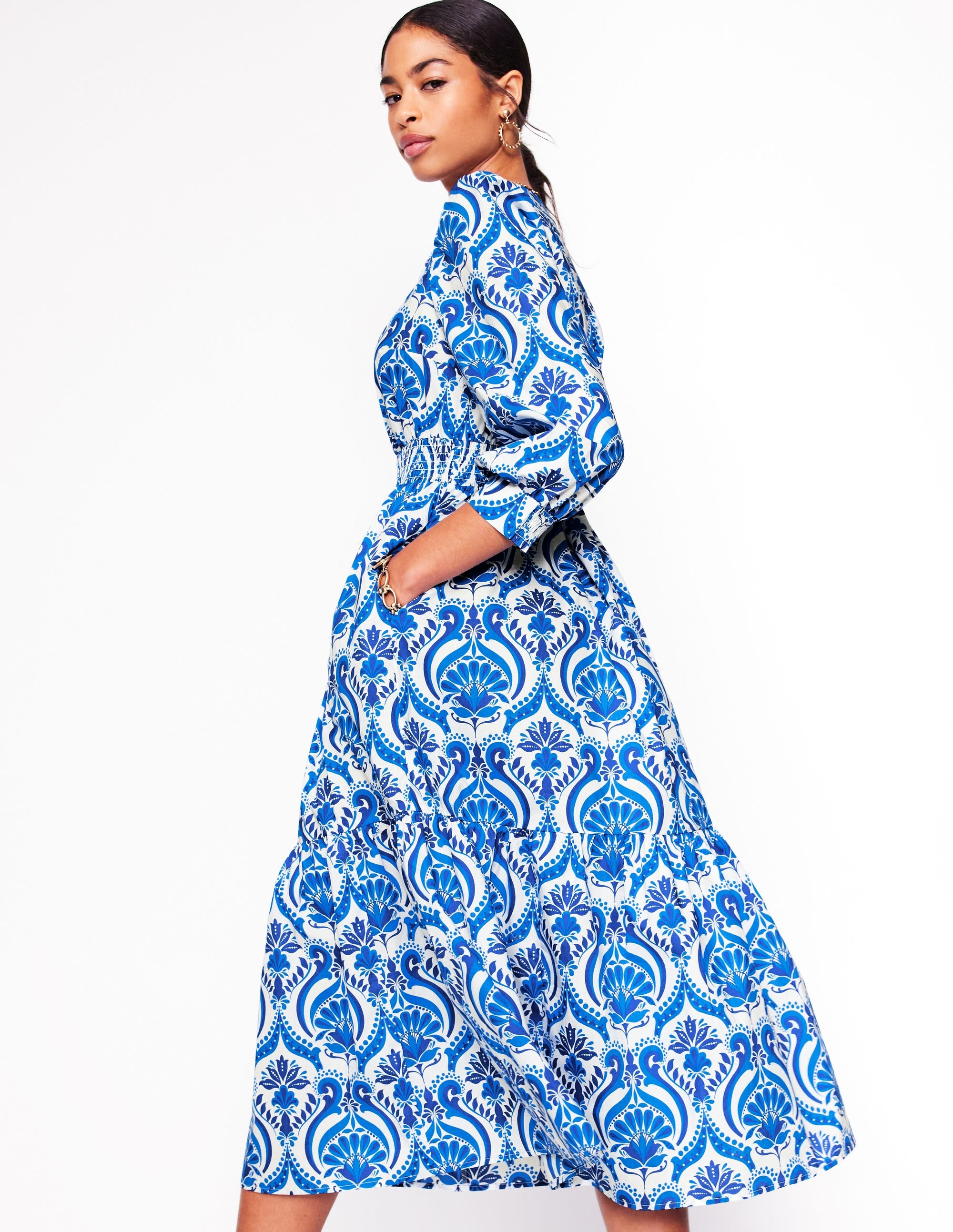 Elena Tiered Cotton Midi Dress-Blue, Ornamental Floral - Image 4