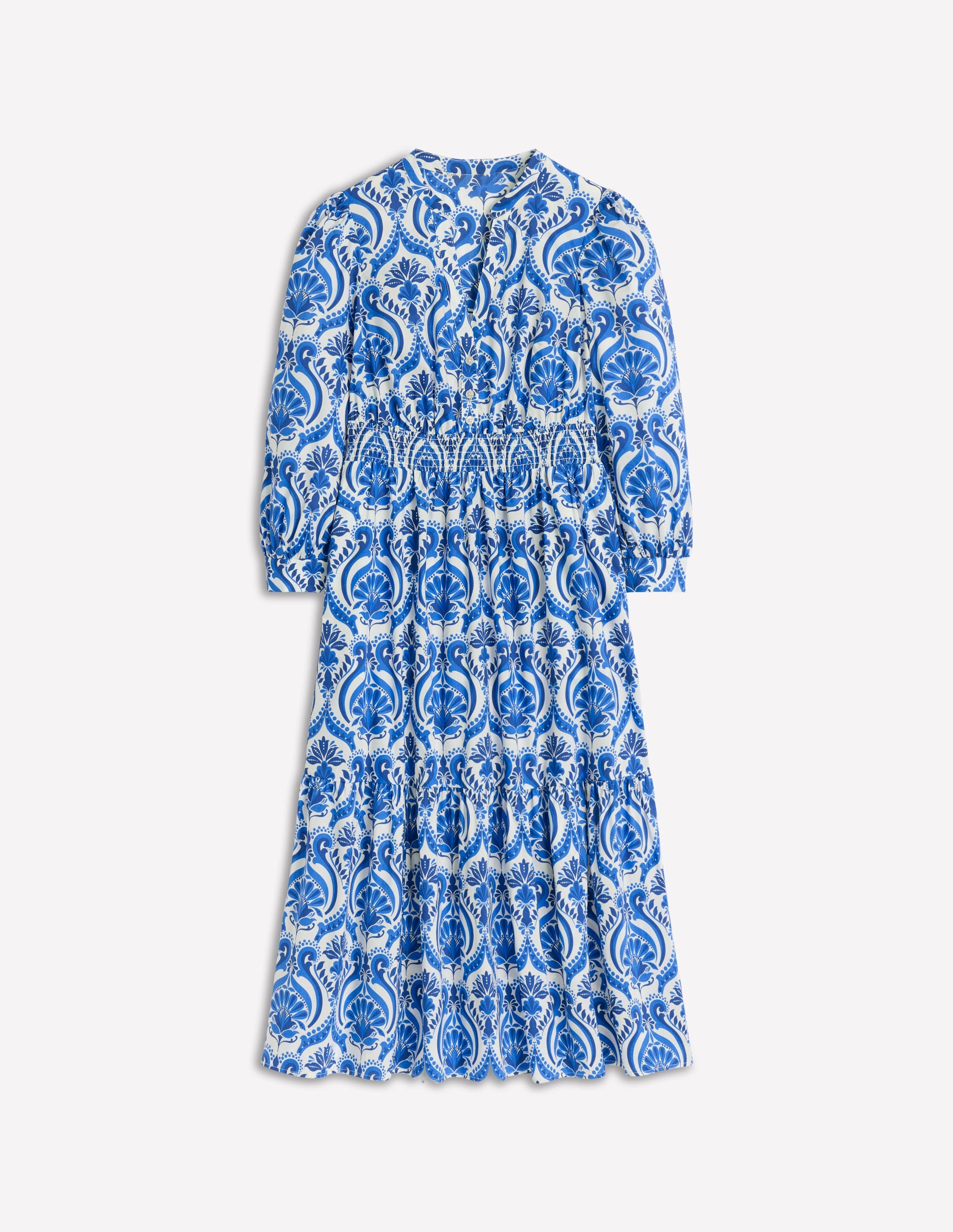 Elena Tiered Cotton Midi Dress-Blue, Ornamental Floral - Image 6