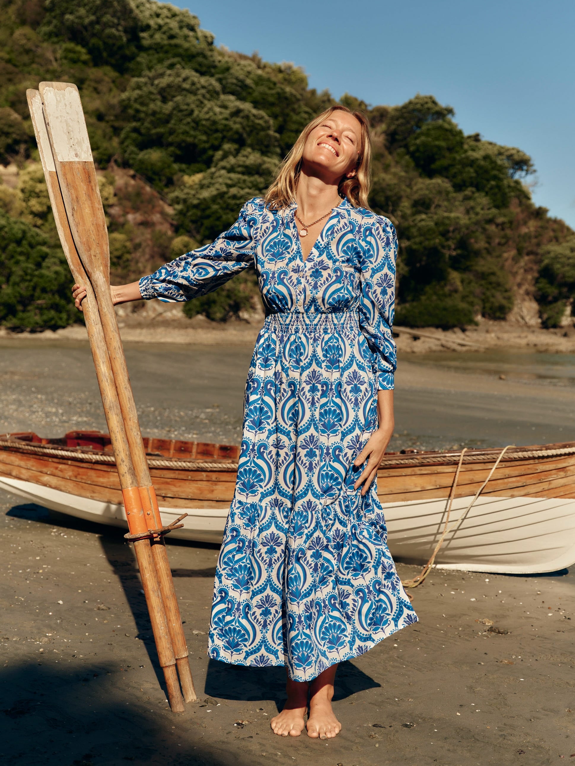 Elena Tiered Cotton Midi Dress-Blue, Ornamental Floral - Image 5