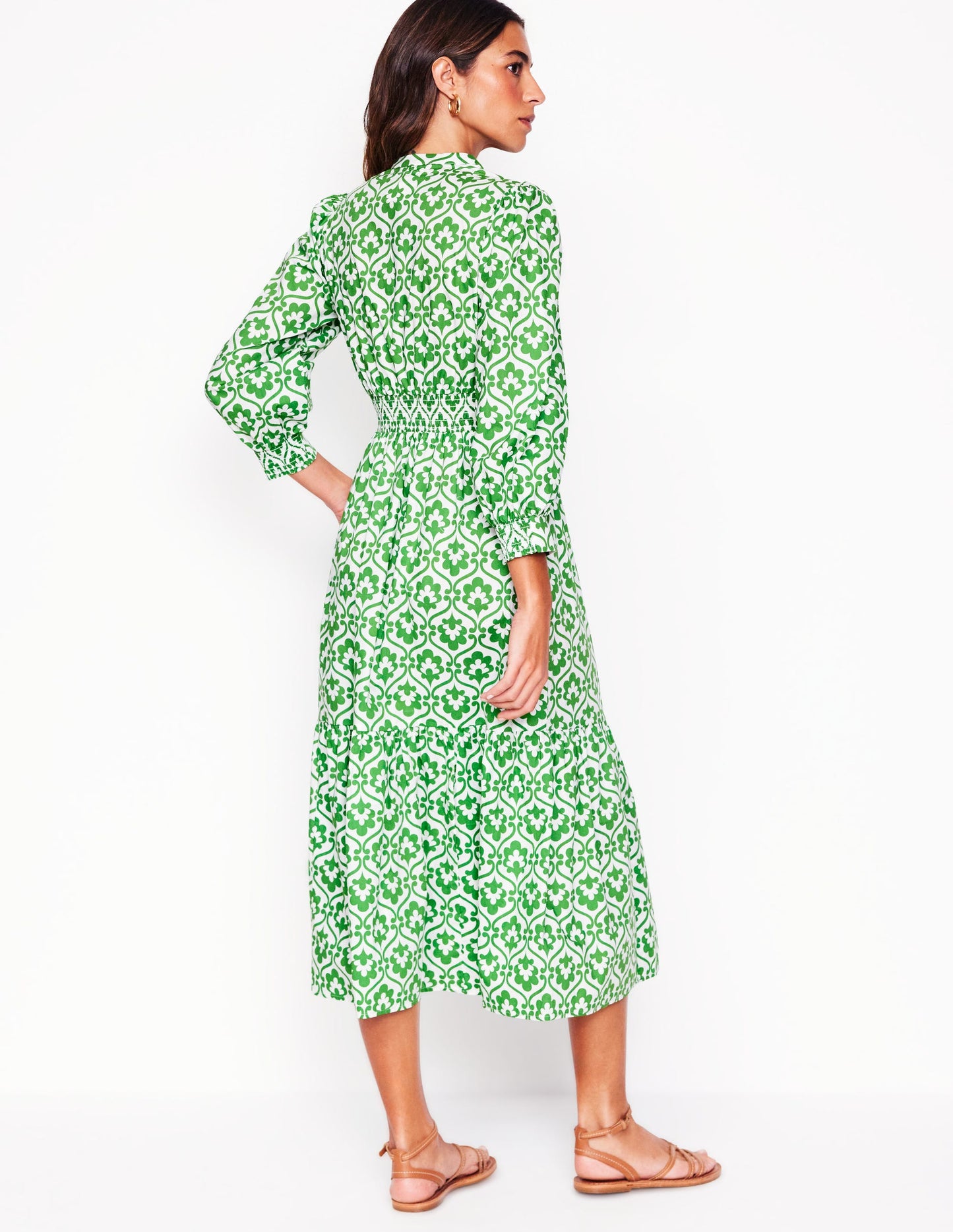 Elena Tiered Cotton Midi Dress-Iguana Green, Ivy Trellis