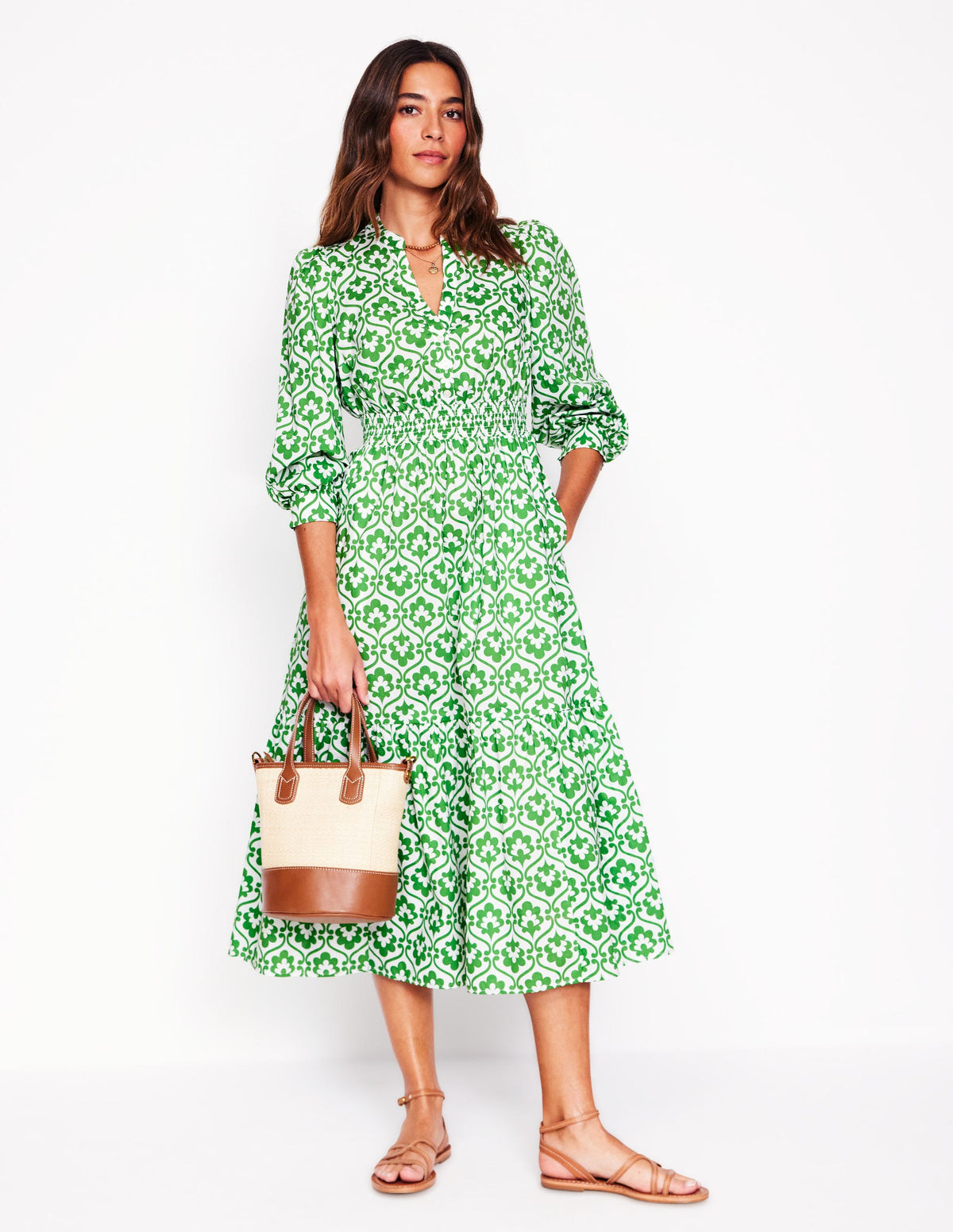 Elena Tiered Cotton Midi Dress-Paradise Green, Ivy Trellis - Image 4