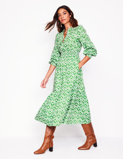 Elena Tiered Cotton Midi Dress-Iguana Green, Ivy Trellis