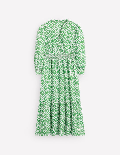 Elena Tiered Cotton Midi Dress-Paradise Green, Ivy Trellis